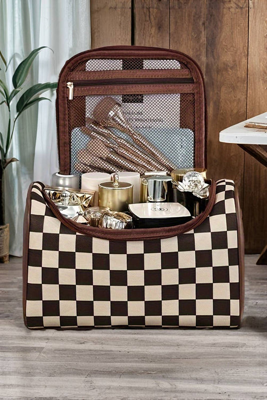 Checkered Leather Zipper Makeup Bag