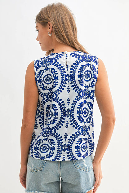 Vintage Print Pintuck Crew Neck Tank Top | S-XL