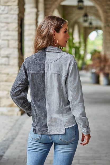 Distressed Two Tone Denim Corduroy Studded Jacket