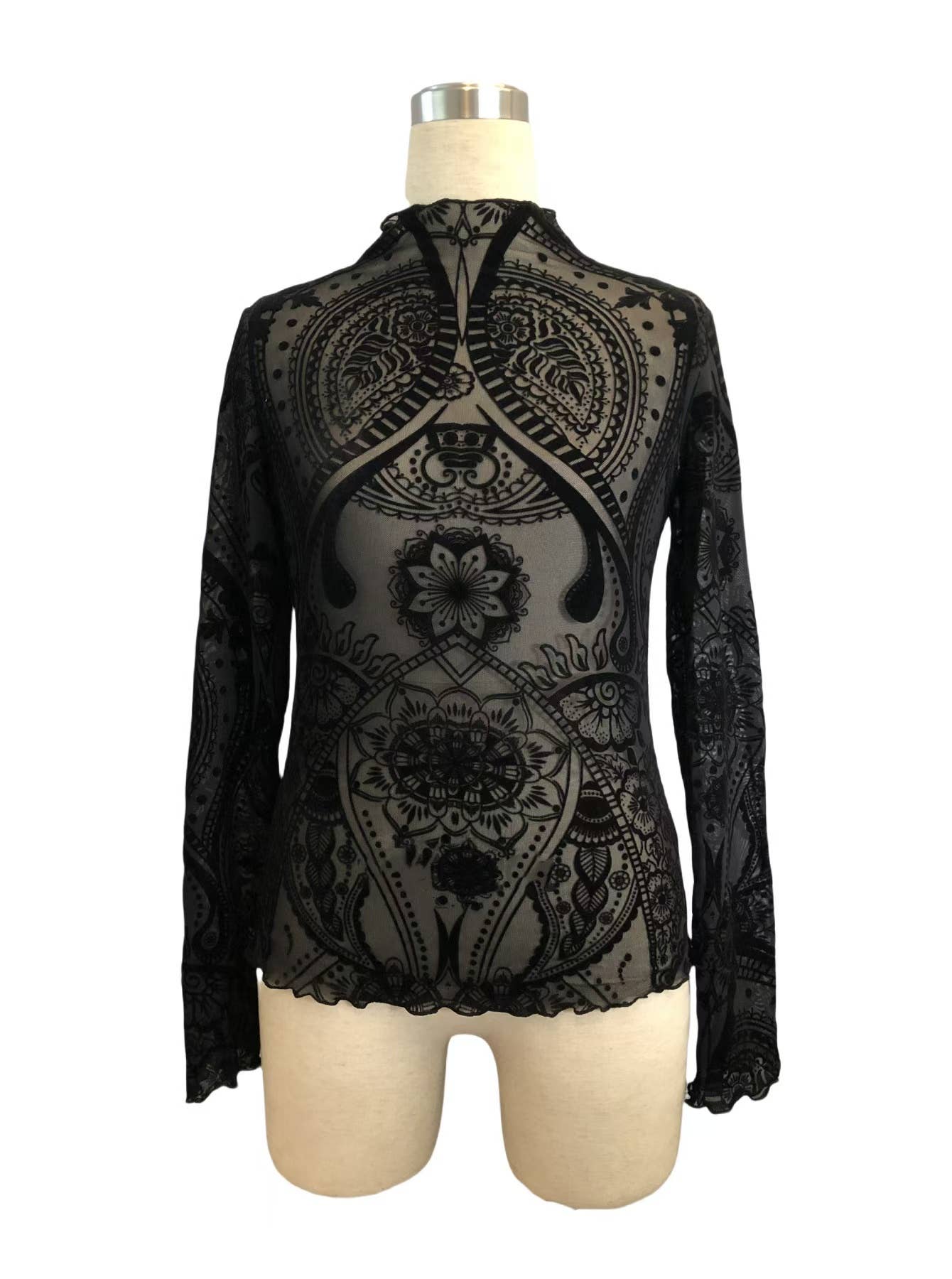 Women’s Vintage Print Mesh Velvet Top