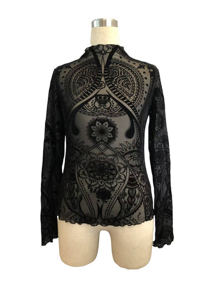 Women’s Vintage Print Mesh Velvet Top
