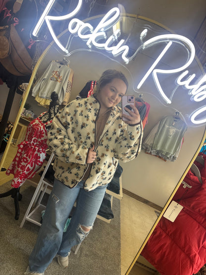 Brown Detailed Floral Sherpa Zip Up