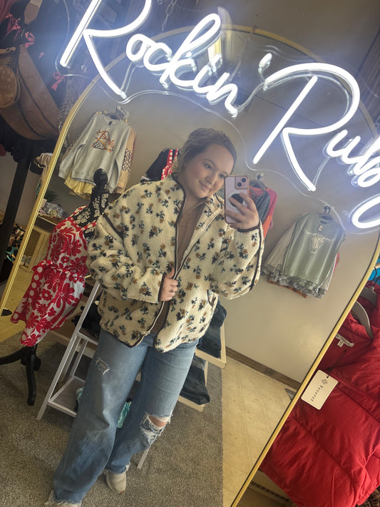 Brown Detailed Floral Sherpa Zip Up