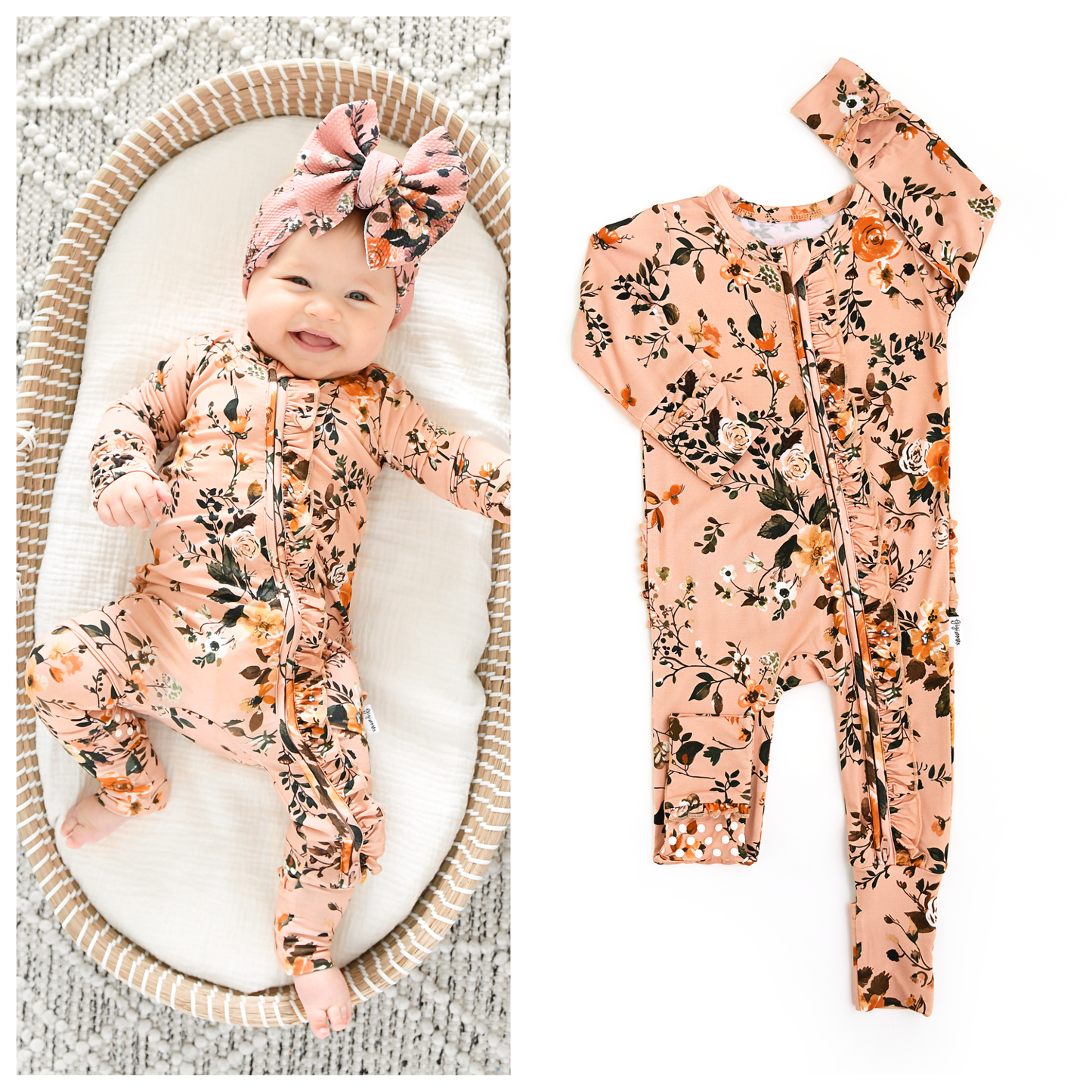 Flora Light Pink RUFFLE ZIP Floral Bamboo 1PC 2 Way Zipper