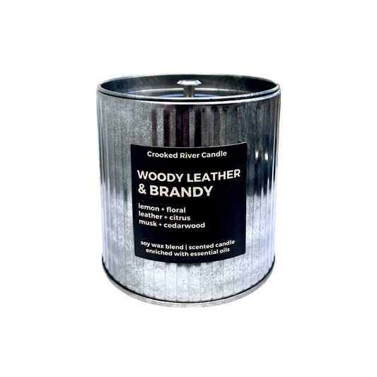 Woody Leather & Brandy Candle | Rustic Tin | Wood Wick