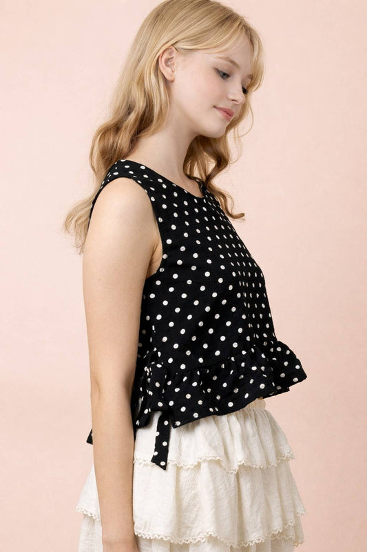 Black Polka Dot Side Tie Ruffled Top