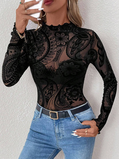 Women’s Vintage Print Mesh Velvet Top