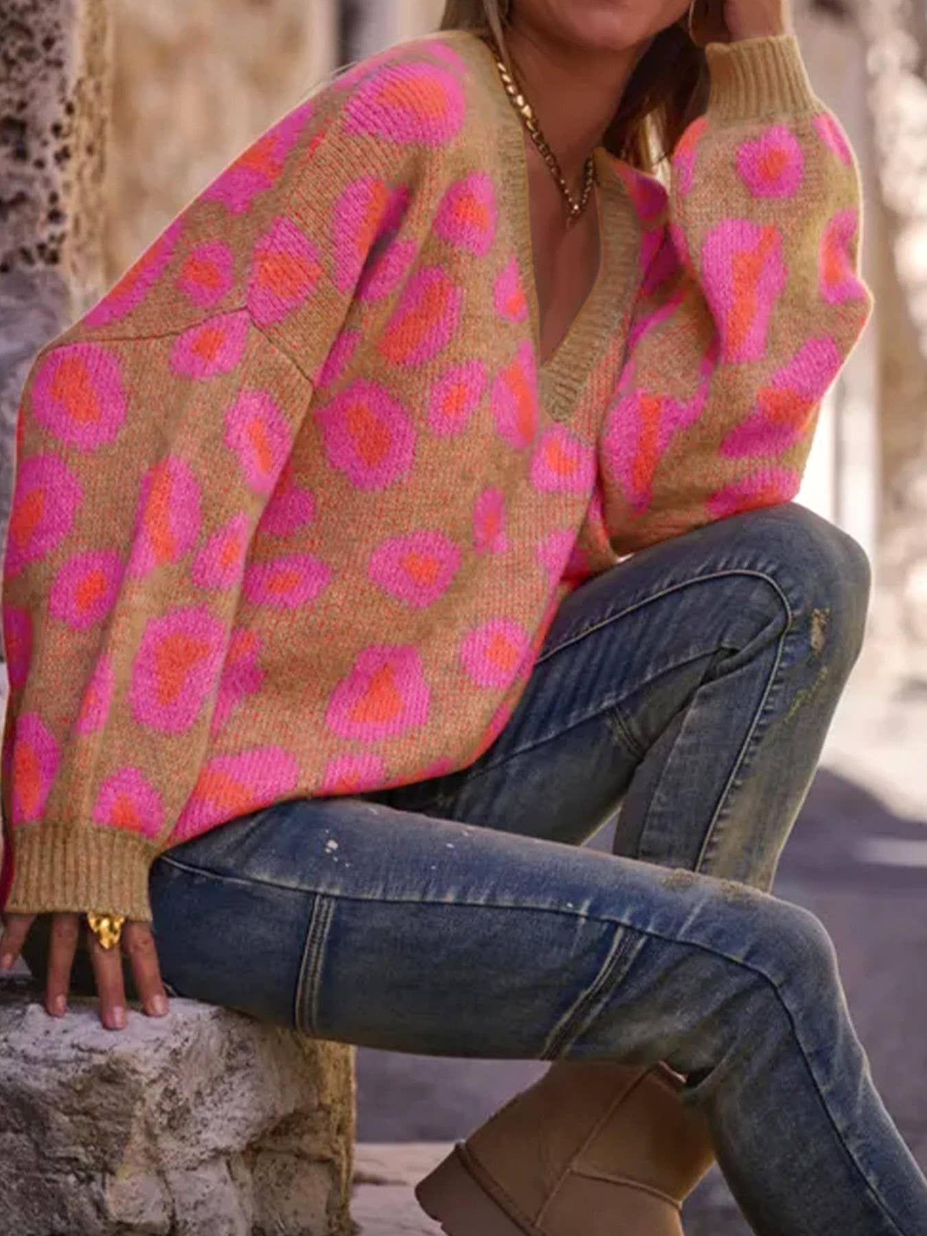 V-Neck Leopard Boxy Sweater
