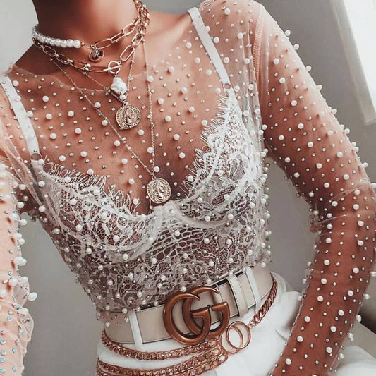Pearl Embellished Mesh Top