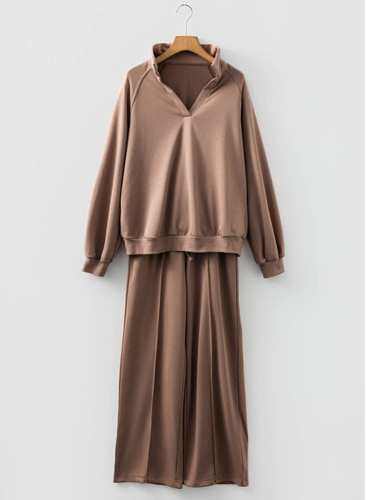 Polo Collar V-Neck Pullover and Drawstring Sweatpants Set