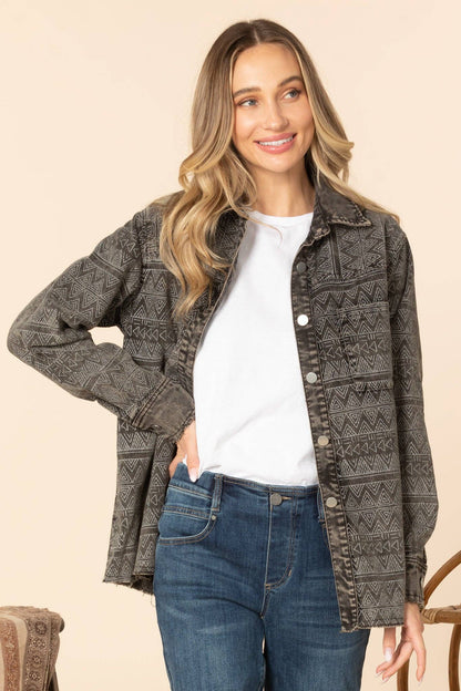 Western Printed Washed Black Denim Corded Jacket