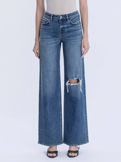 High Rise Wide Leg Distressed Knee Jeans