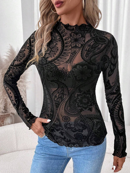 Women’s Vintage Print Mesh Velvet Top
