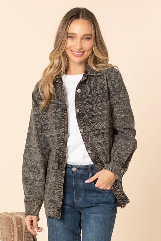 Western Printed Washed Black Denim Corded Jacket