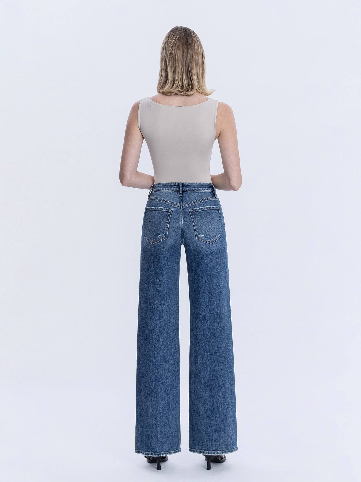 High Rise Wide Leg Distressed Knee Jeans