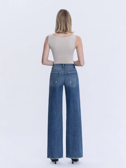 High Rise Wide Leg Distressed Knee Jeans