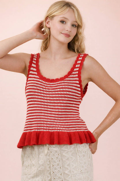Red Ruffle Hem Stripe Knit Sweater Top