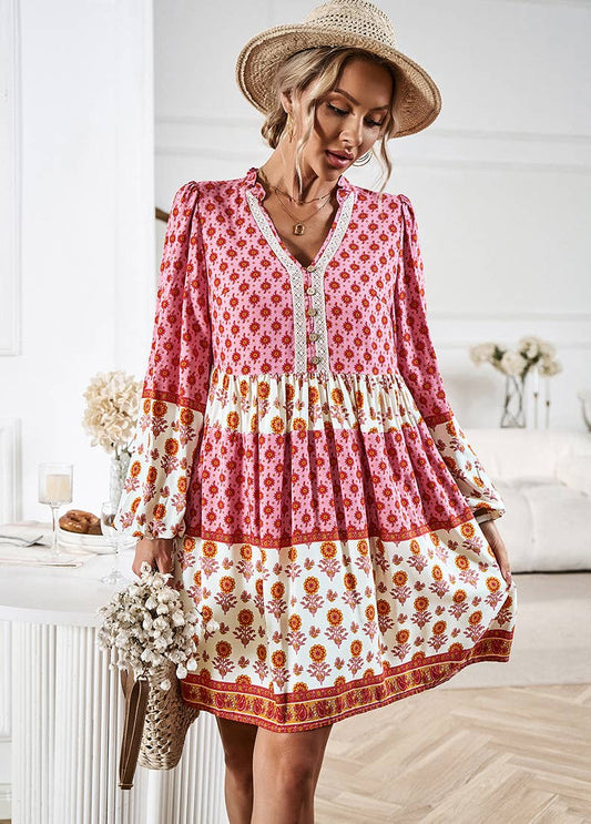 Floral Print Button Down Long Sleeve Dress
