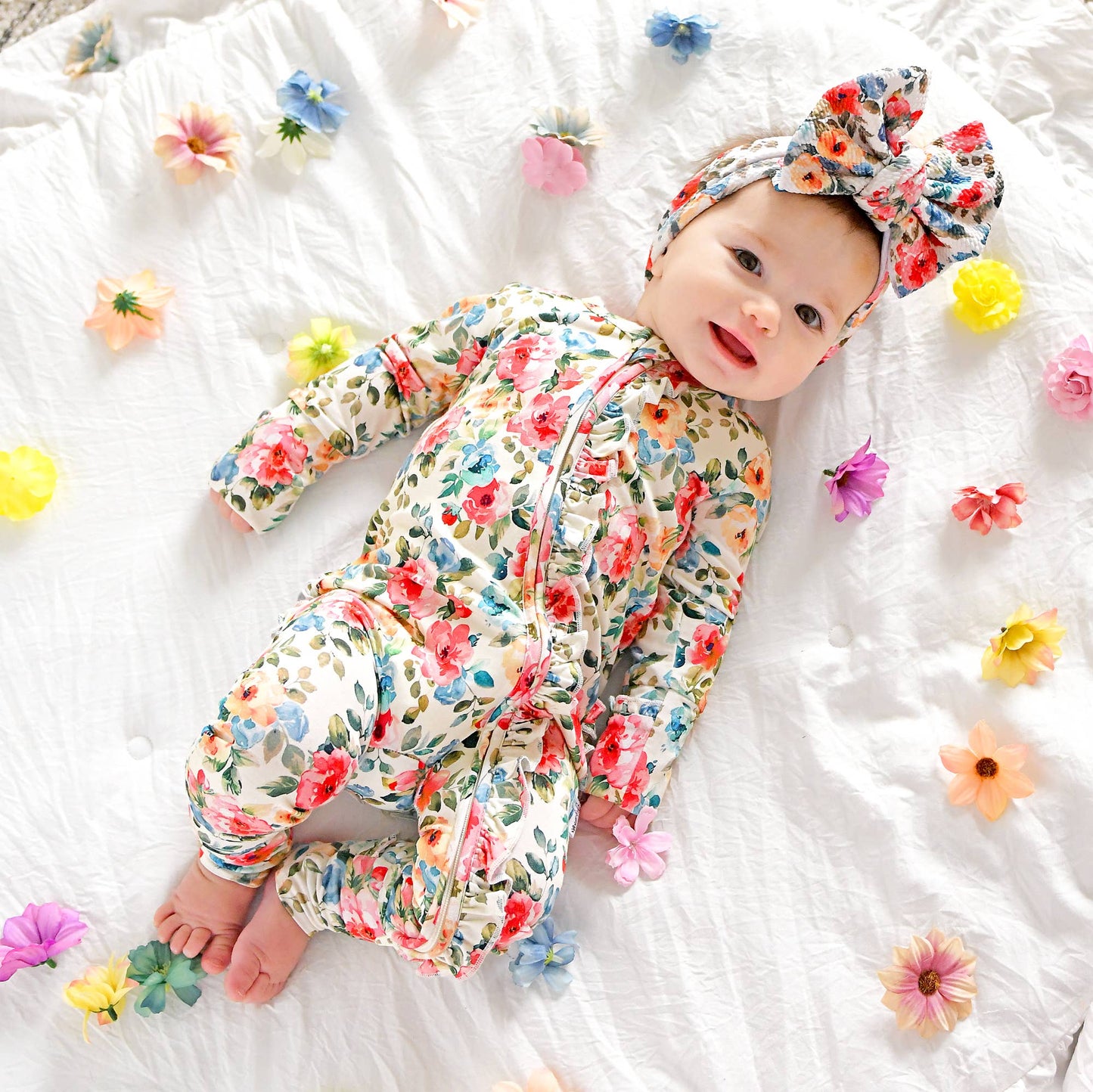 Nayeli RUFFLE ZIP Bamboo One Piece Floral Baby Clothing