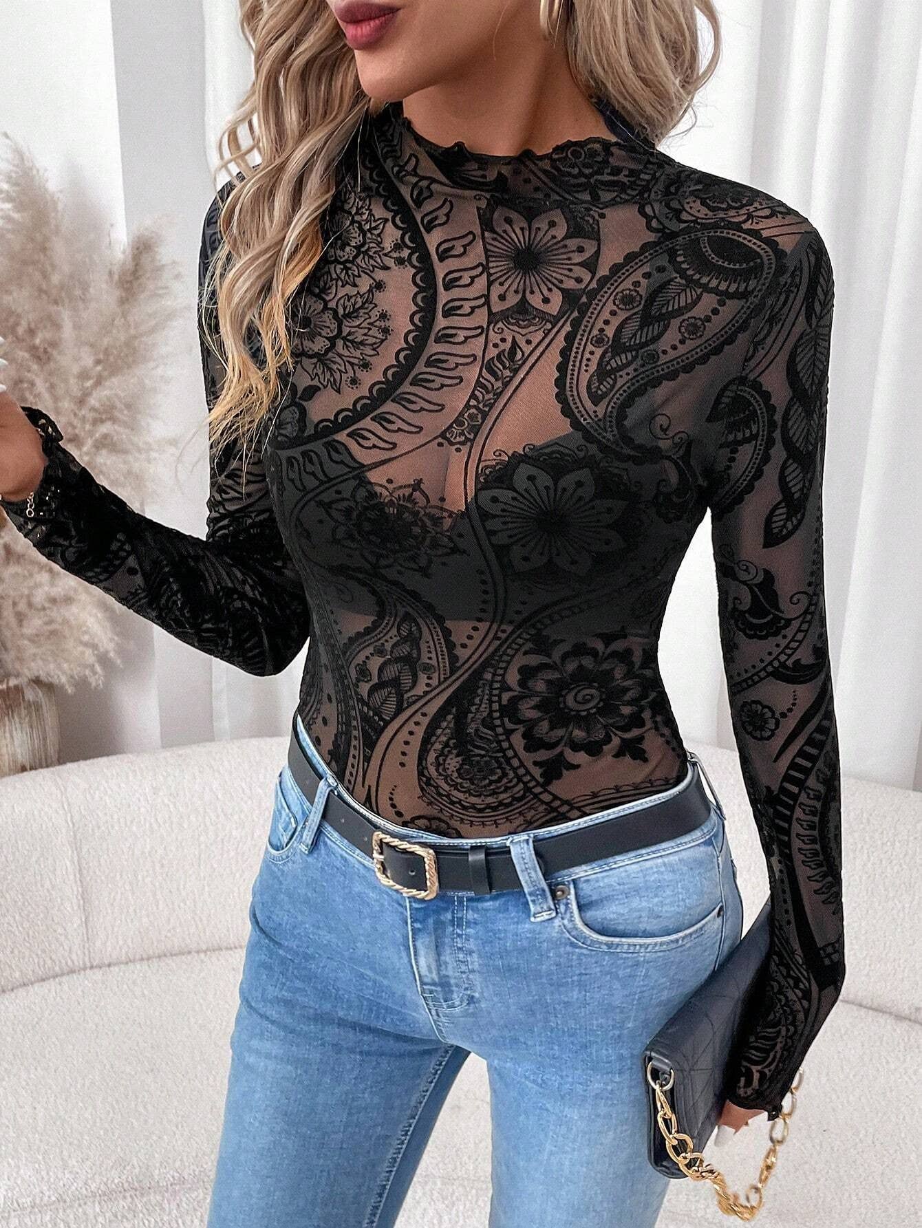 Women’s Vintage Print Mesh Velvet Top