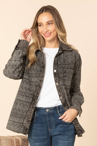 Western Printed Washed Black Denim Corded Jacket