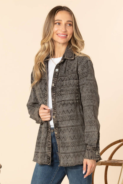 Western Printed Washed Black Denim Corded Jacket